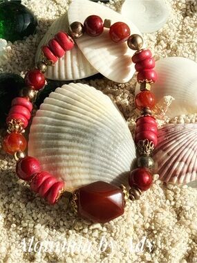 Americana Red turquoise and Orange carnelian Beaded Bracelet with gold Accents